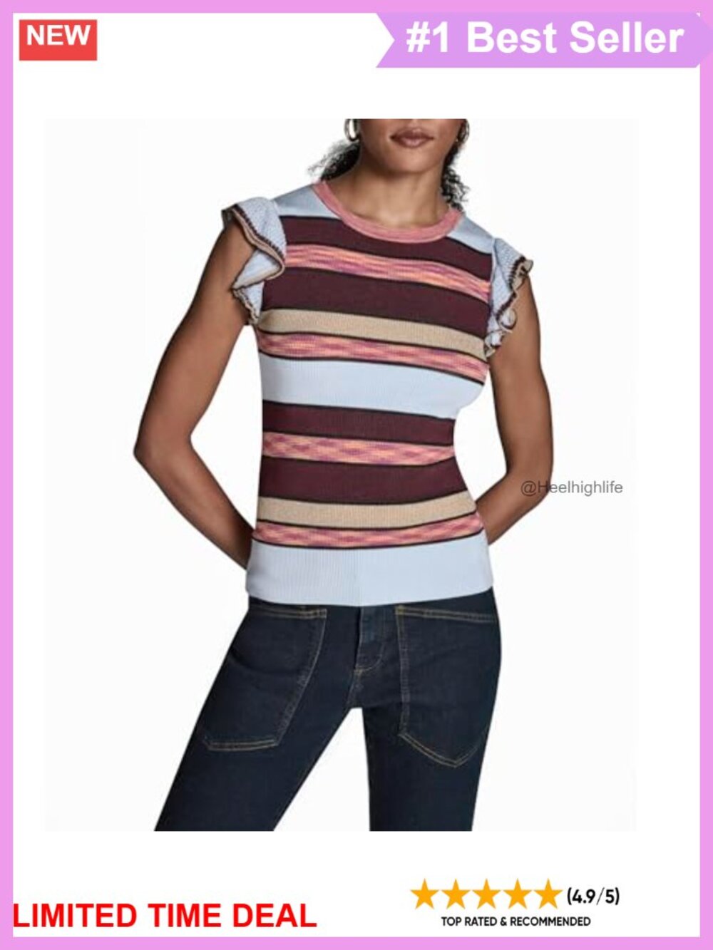 Short Sleeve Crew Neck Top with Ruffle Sleeve Relaxed Fit Pullover